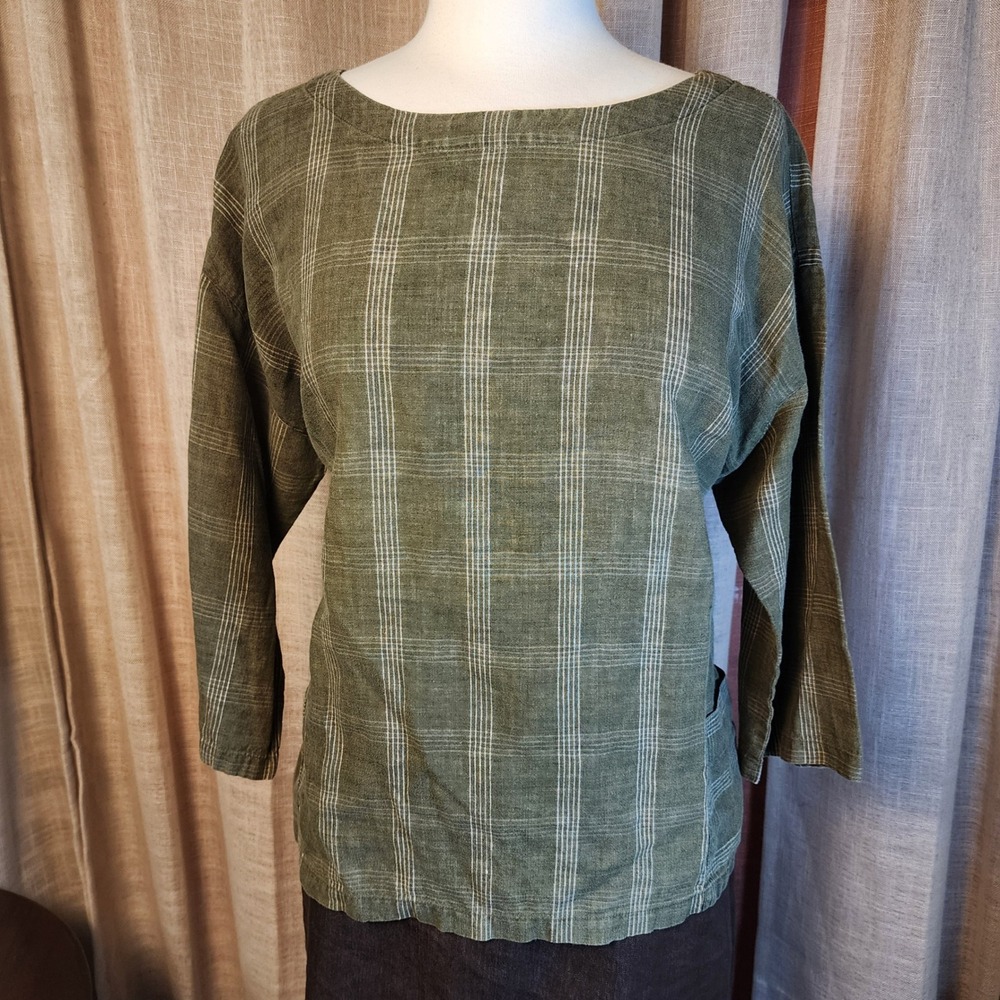 Eileen Fisher PXL Organic Linen Olive Plaid Boxy Top Pockets Bateau Neck